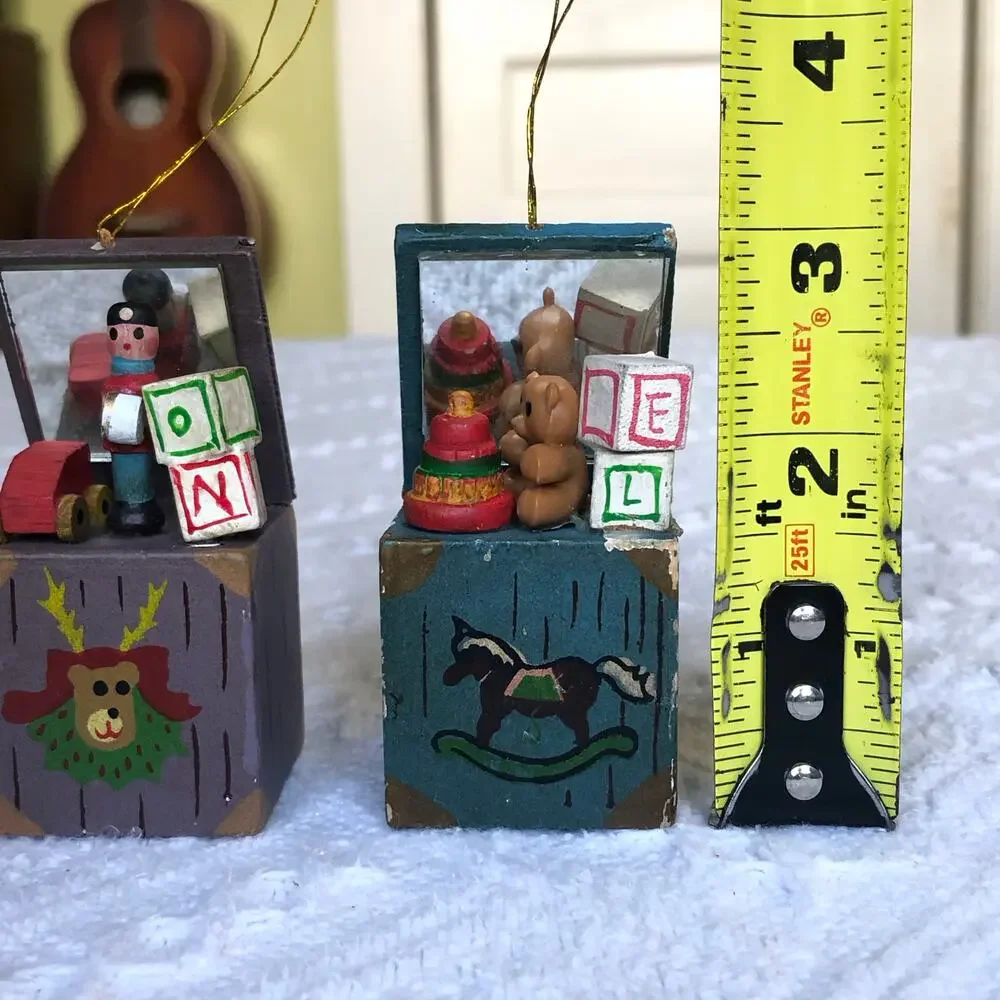 VTG Wooden Toy Chest Christmas Ornaments Noel Set of 2 Hand Painted Glass Mirror